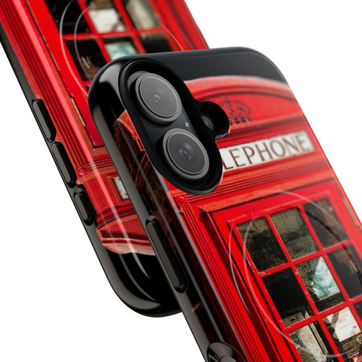 A red phone booth phone case with a magnetic, tough design. - Detail