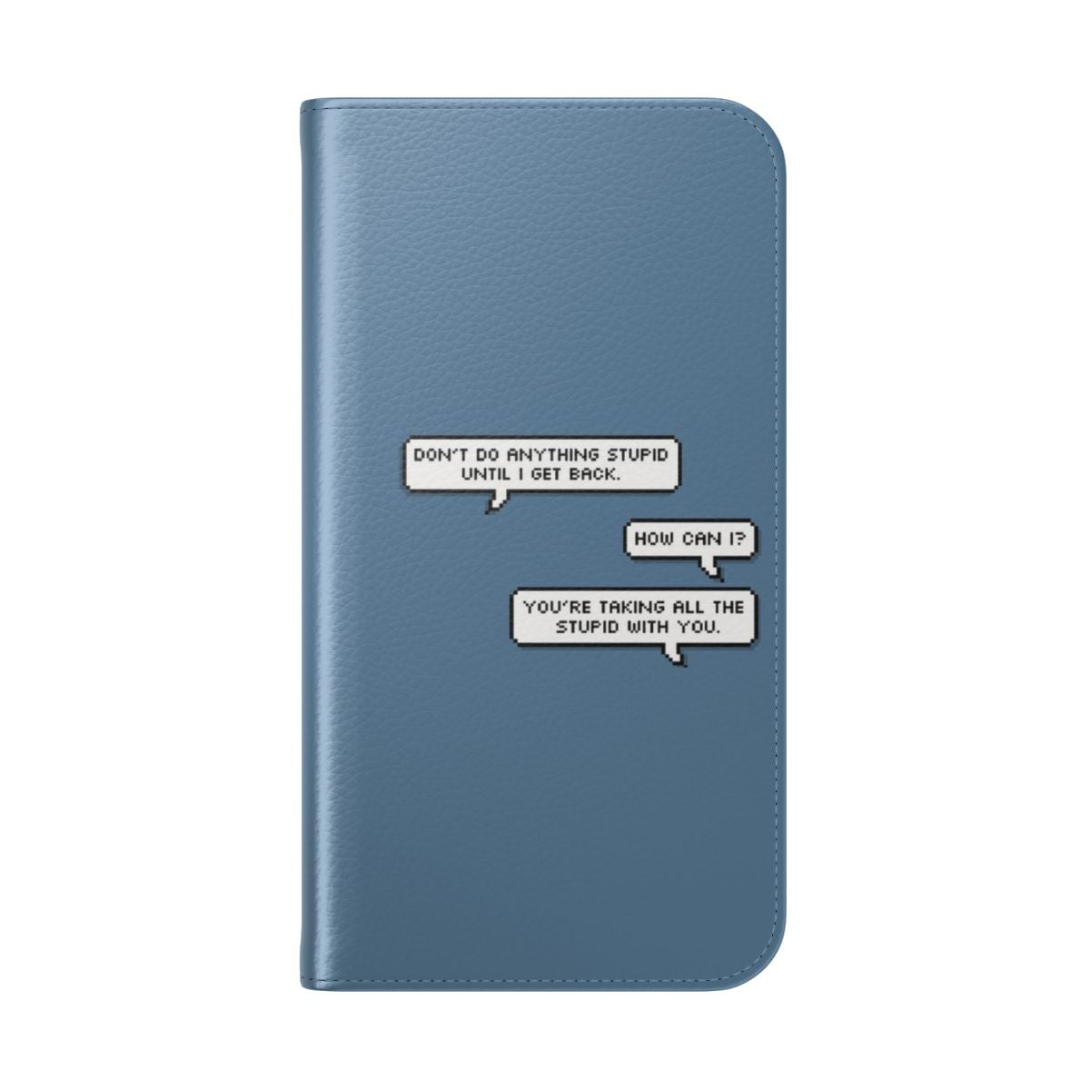 Flip cover phone case featuring a quote from the Marvel Avengers movie characters Steve and Bucky. - Folded Back