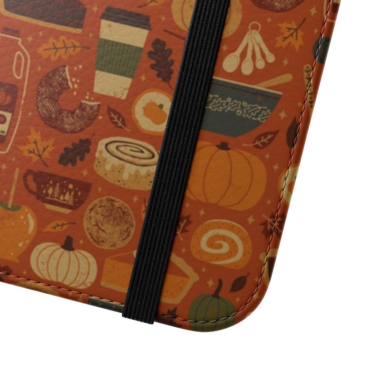 Pumpkin spice themed phone flip case with fall leaves and cinnamon accents - Close Up