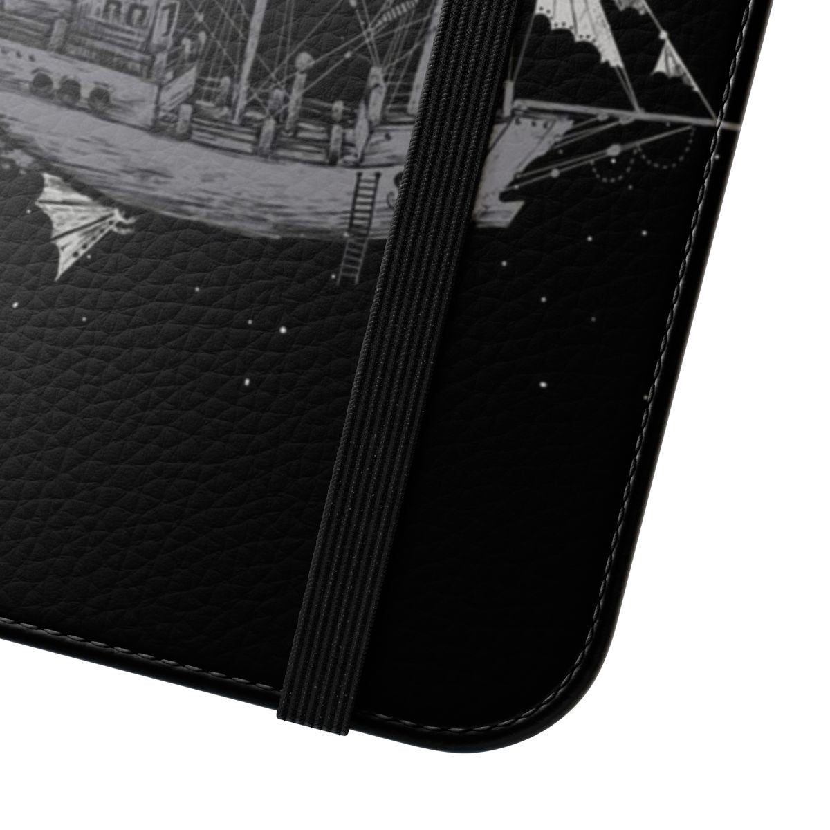 Flip cover phone case with a black and white design featuring a crescent moon and spaceship against a starry background. - Close Up