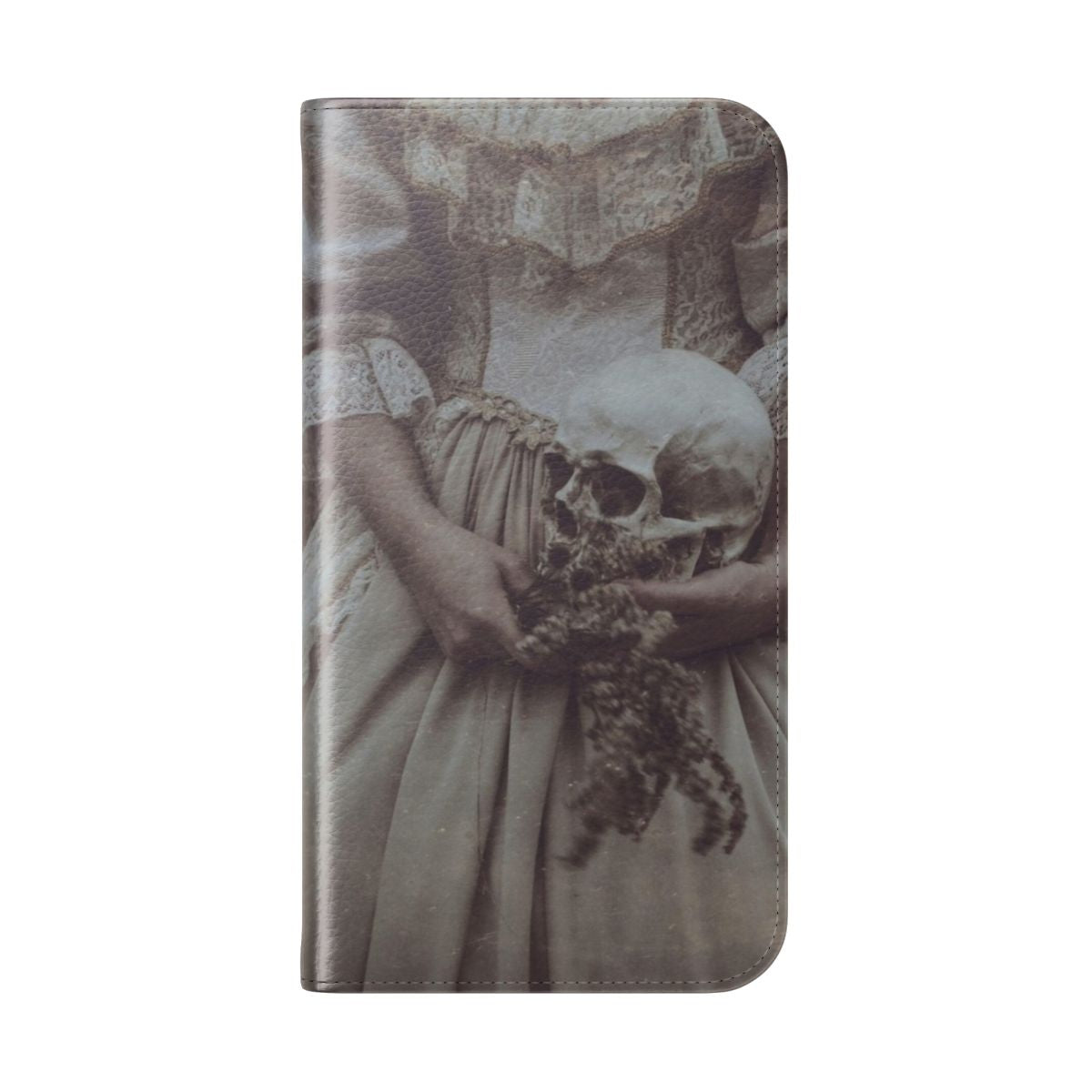 Nature-inspired flip phone case with a dark, minimalist aesthetic featuring floral and skull designs - Folded Back