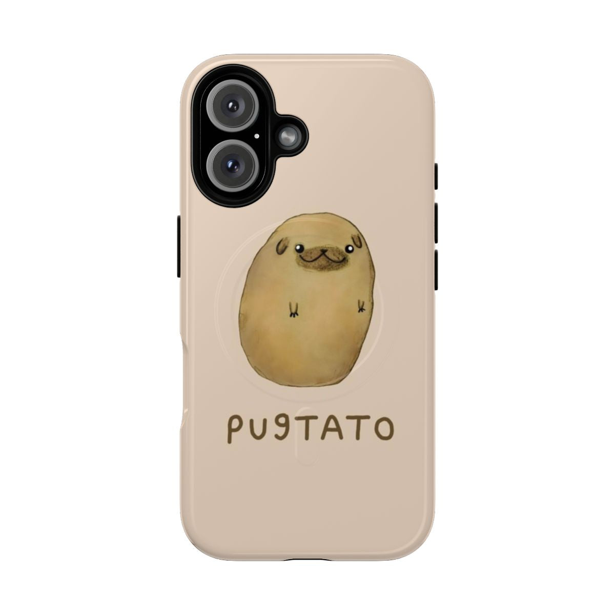 A phone case featuring a cute pug-potato hybrid design