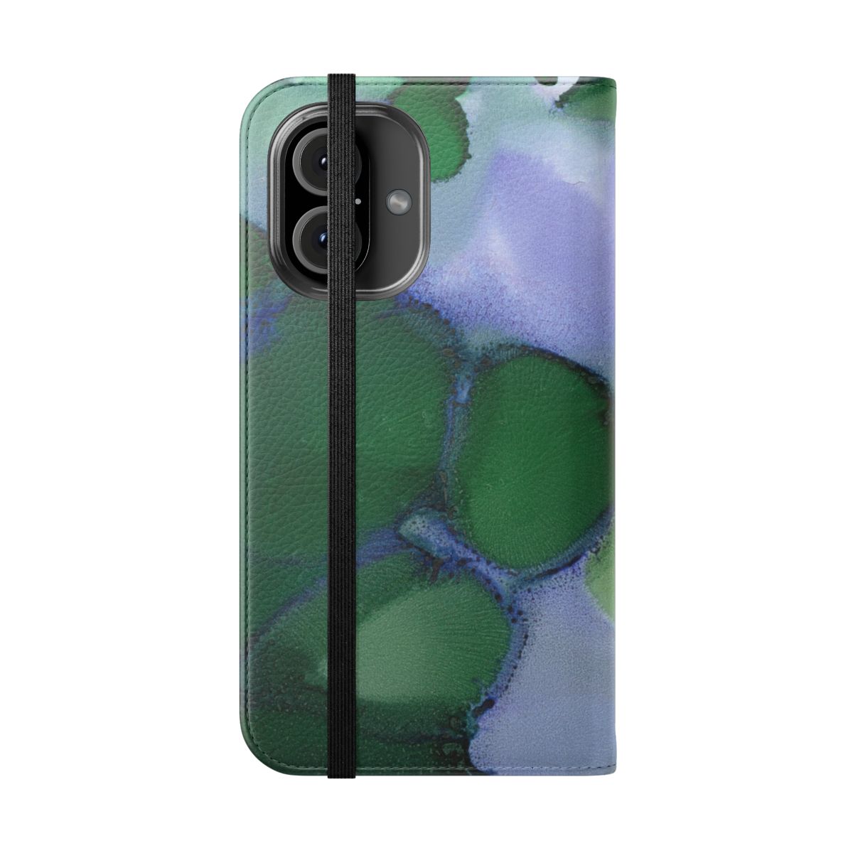 Abstract art flip cover phone case with green, modern, alcohol ink design - Folded Front