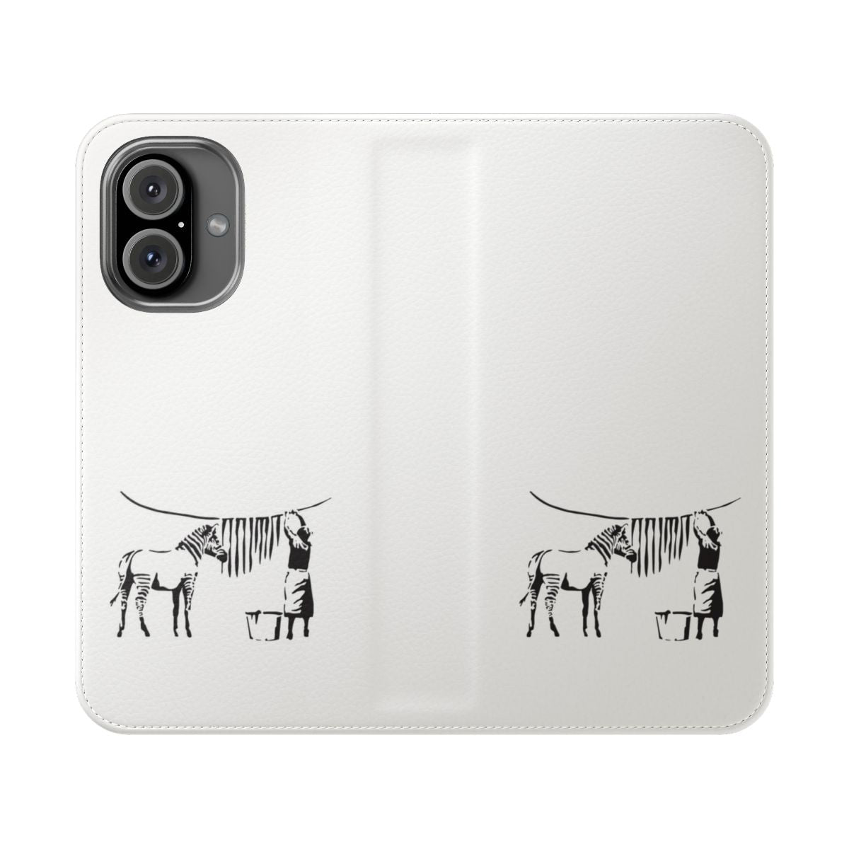 Banksy-inspired zebra graffiti phone case featuring black and white design