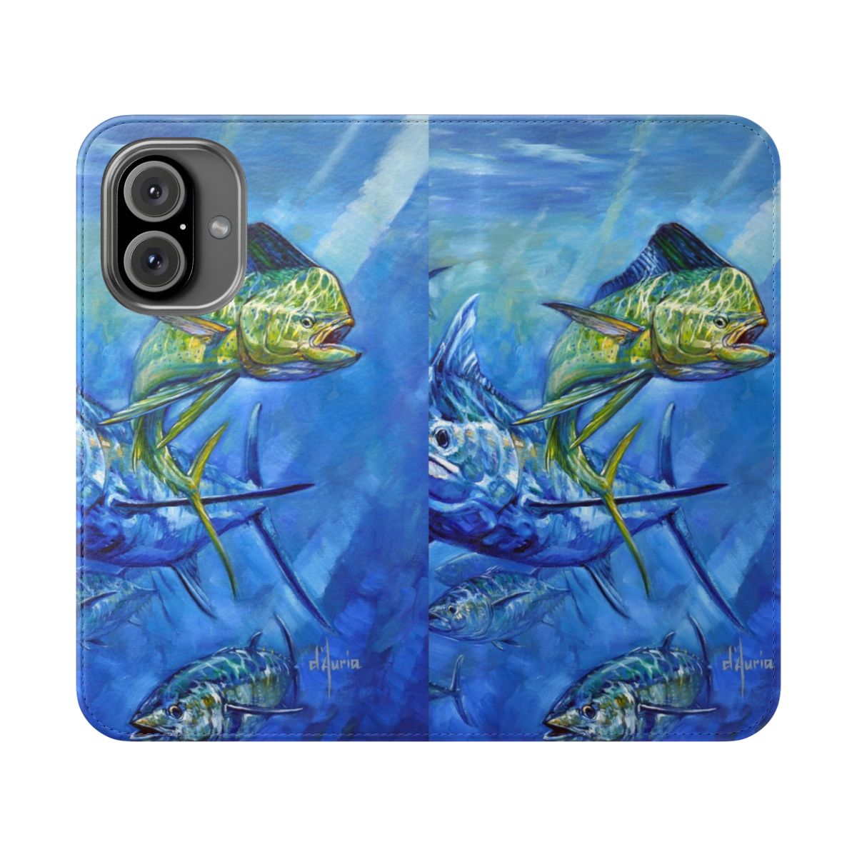 Flip cover phone case featuring colorful illustrations of mahi mahi, dorado, tuna, and marlin fish.