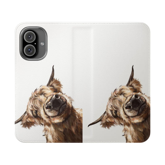 A flip cover phone case featuring a cute, sneaky-looking highland cow with a big nose.