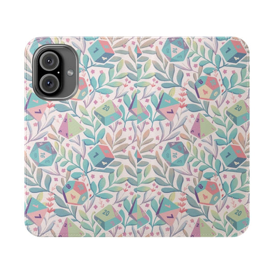 Pastel D20 dice and floral druid cottagecore pattern phone case