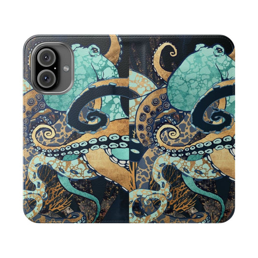 Metallic octopus-themed flip cover phone case with intricate tentacle design