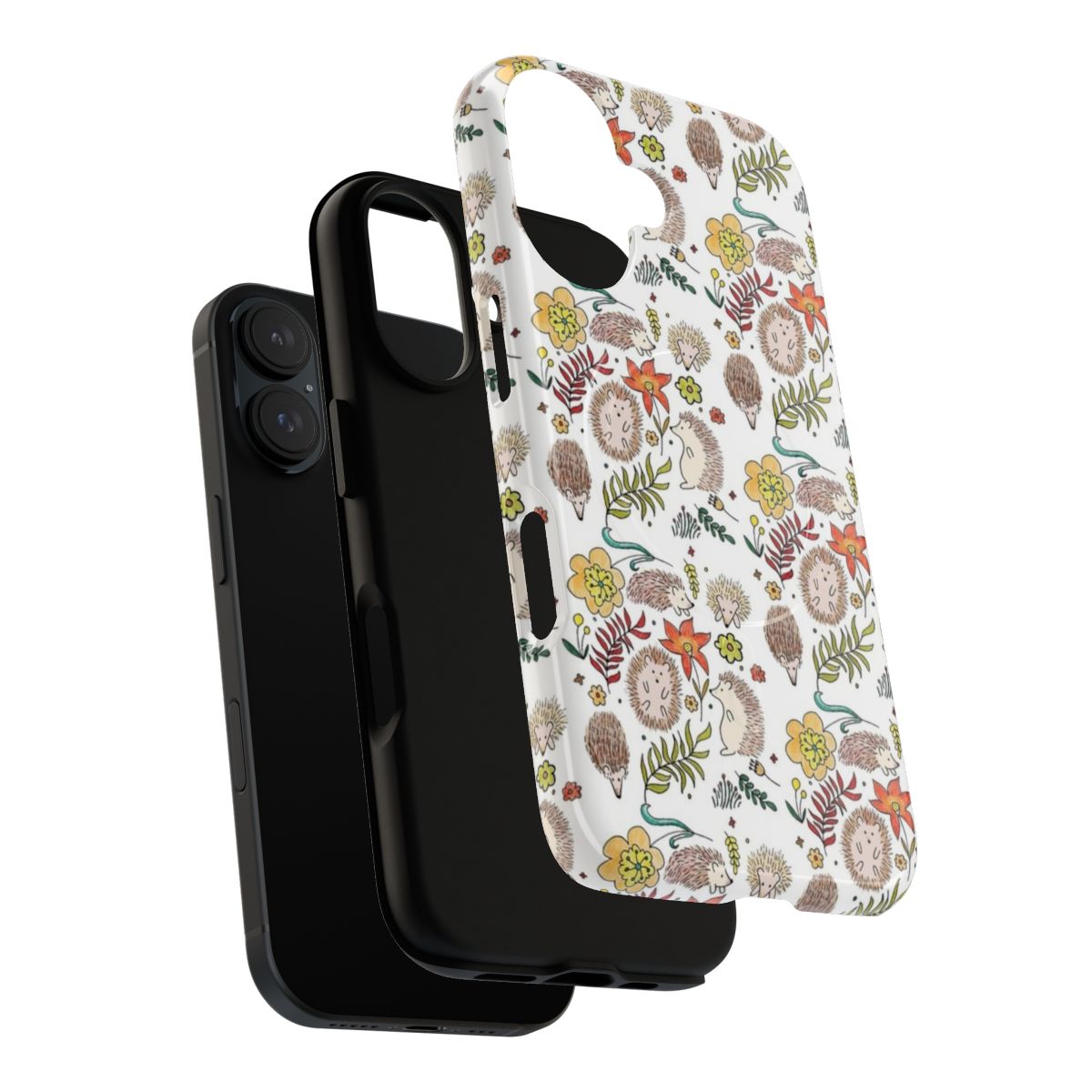 Colorful phone case with a hedgehog design in a floral field - Layers