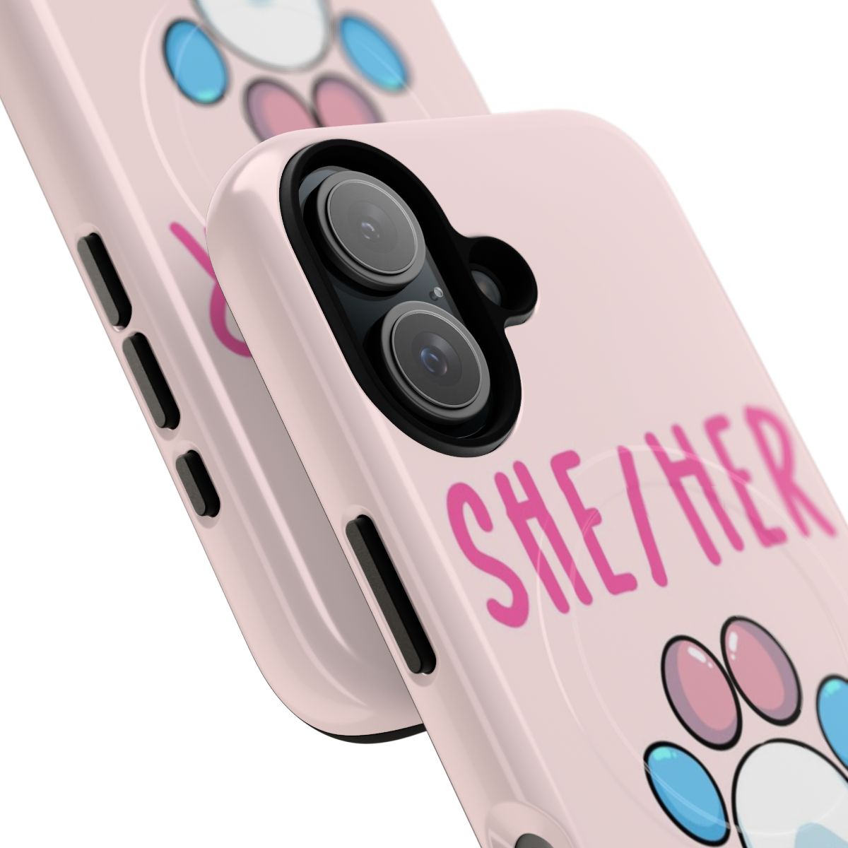 Magnetic tough phone case featuring a trans pride pawprint design and pronouns "she/her" - Detail