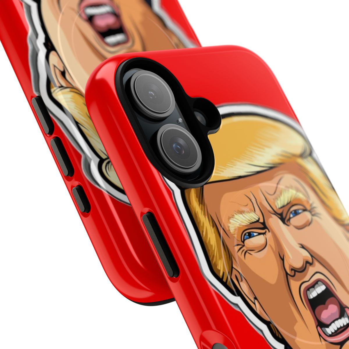 Closeup image of a satirical cartoon caricature of Donald Trump's face on a magnetic phone case. - Detail