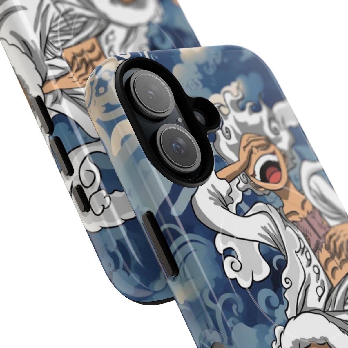 Artistic depiction of Luffy's 5th gear form from the anime One Piece, featured on a durable, magnetic phone case. - Detail