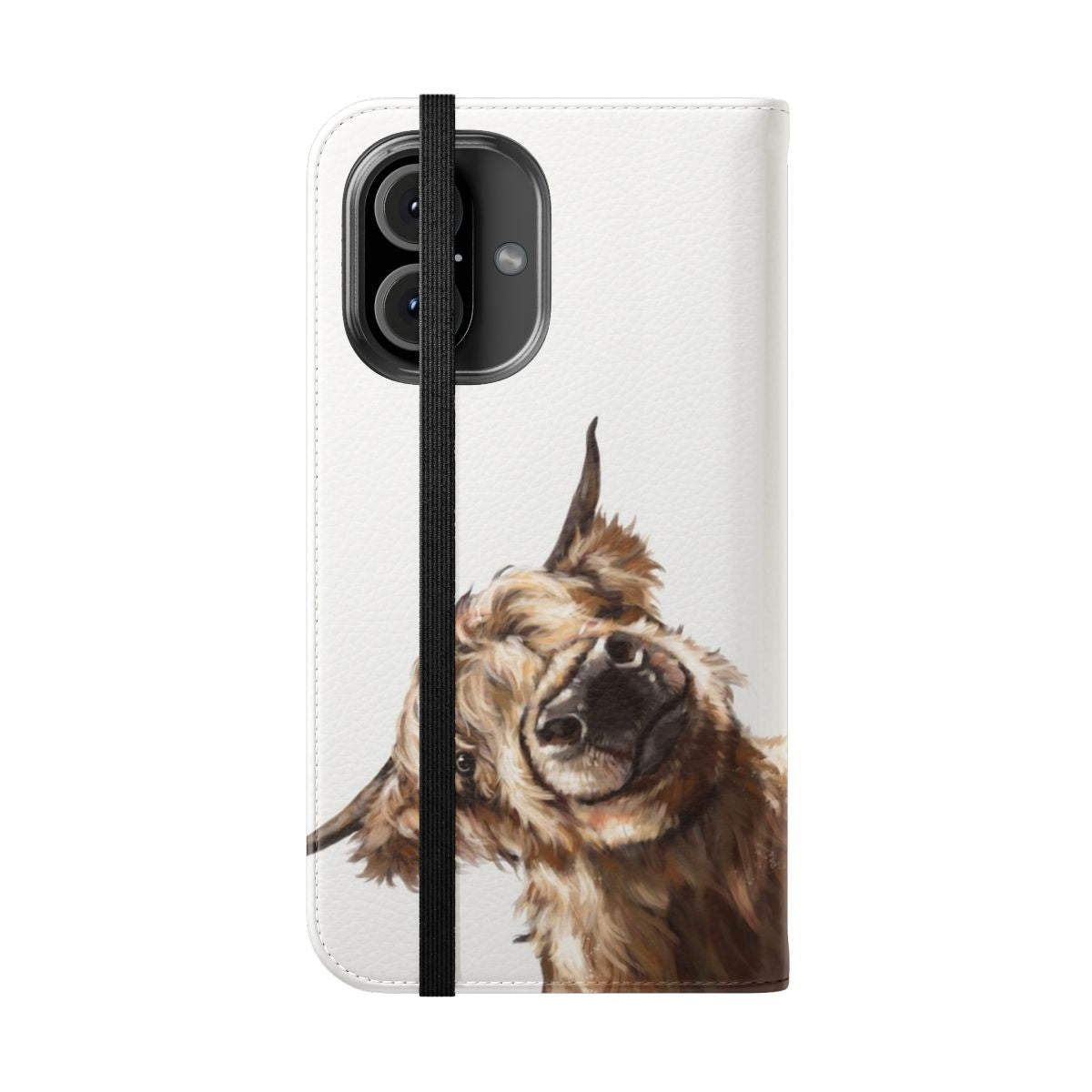 A flip cover phone case featuring a cute, sneaky-looking highland cow with a big nose. - Folded Front