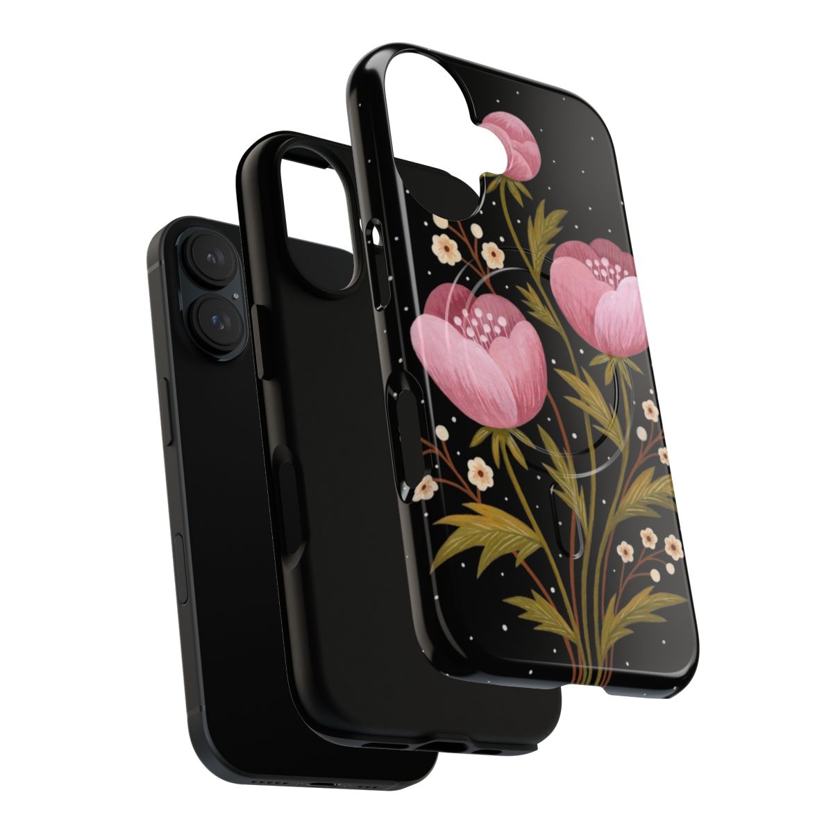 Artistic floral phone case featuring a dark, botanical design with blooming flowers in a night setting. - Layers