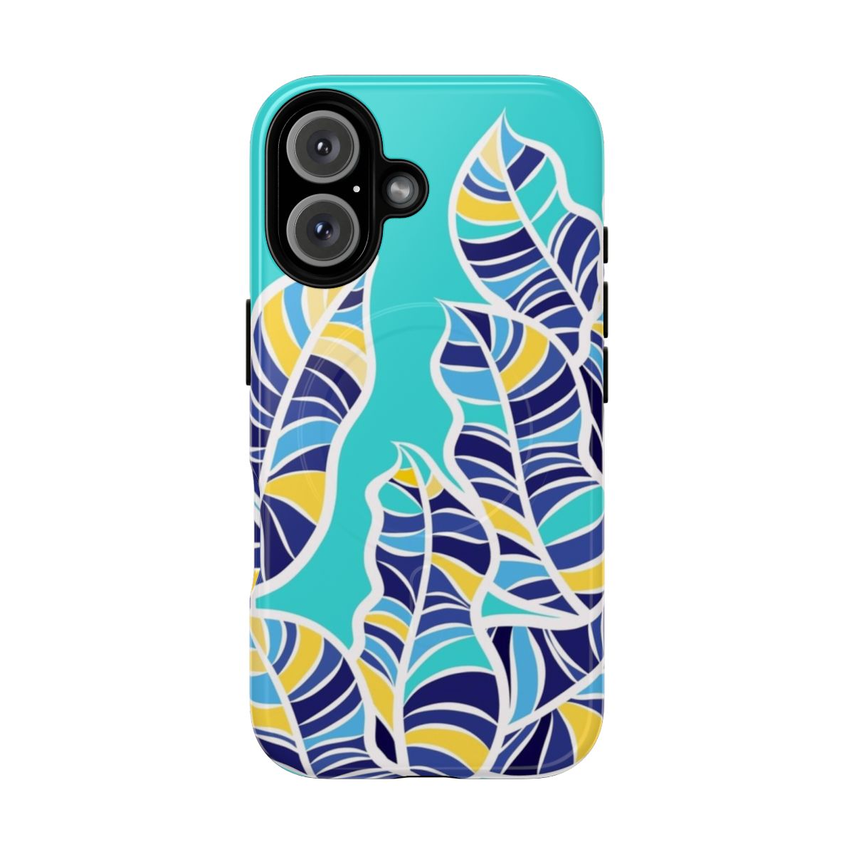 Vibrant tropical leaf pattern phone case in shades of blue, yellow, and turquoise