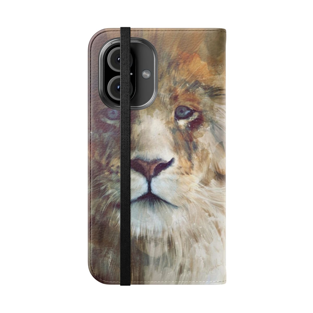 Artistic watercolor and ink illustration of a majestic lion on a protective flip phone case. - Folded Front