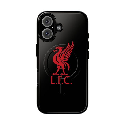 Red Liverpool FC soccer phone case with a bird logo design and magnetic closure