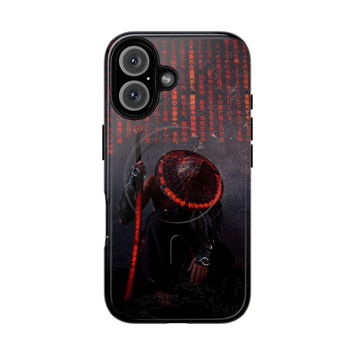 Artistic design of a samurai warrior wielding a katana sword on a magnetic phone case.