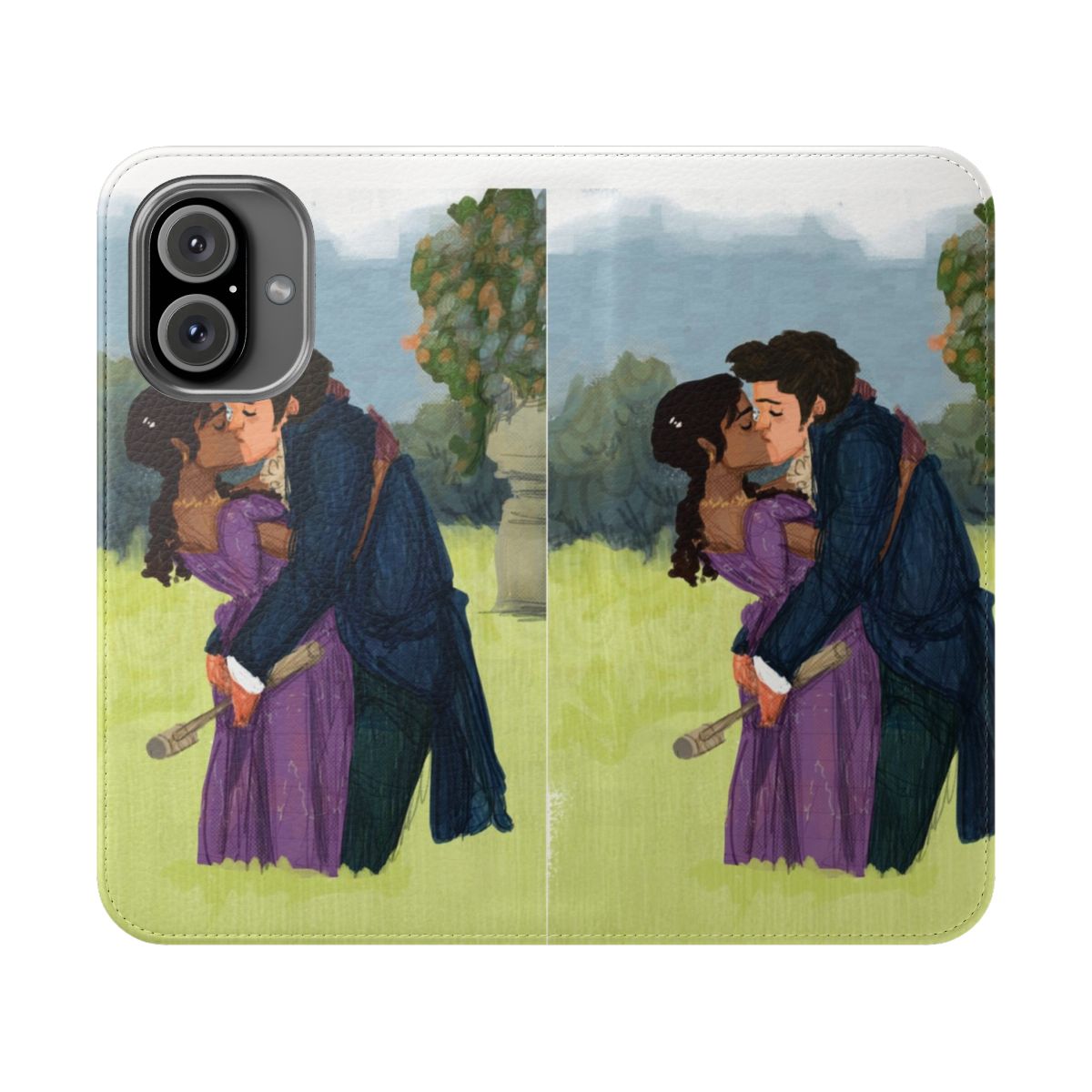 Bridgerton fan art phone case featuring Anthony Bridgerton and Kate Sharma in a romantic couple kiss