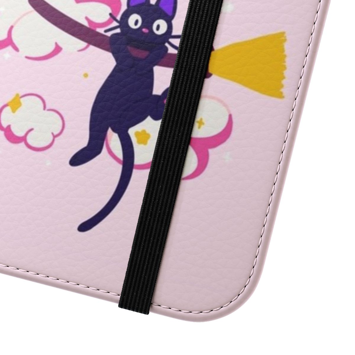 Illustration of Jiji the black cat from Studio Ghilbli's "Kiki's Delivery Service" flying on a broom against a starry, pastel sky background. - Close Up