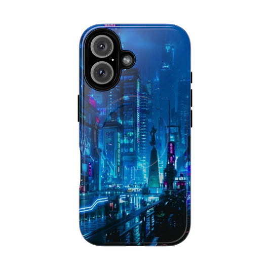 Cyberpunk sci-fi cityscape phone case with neon lights and futuristic technology