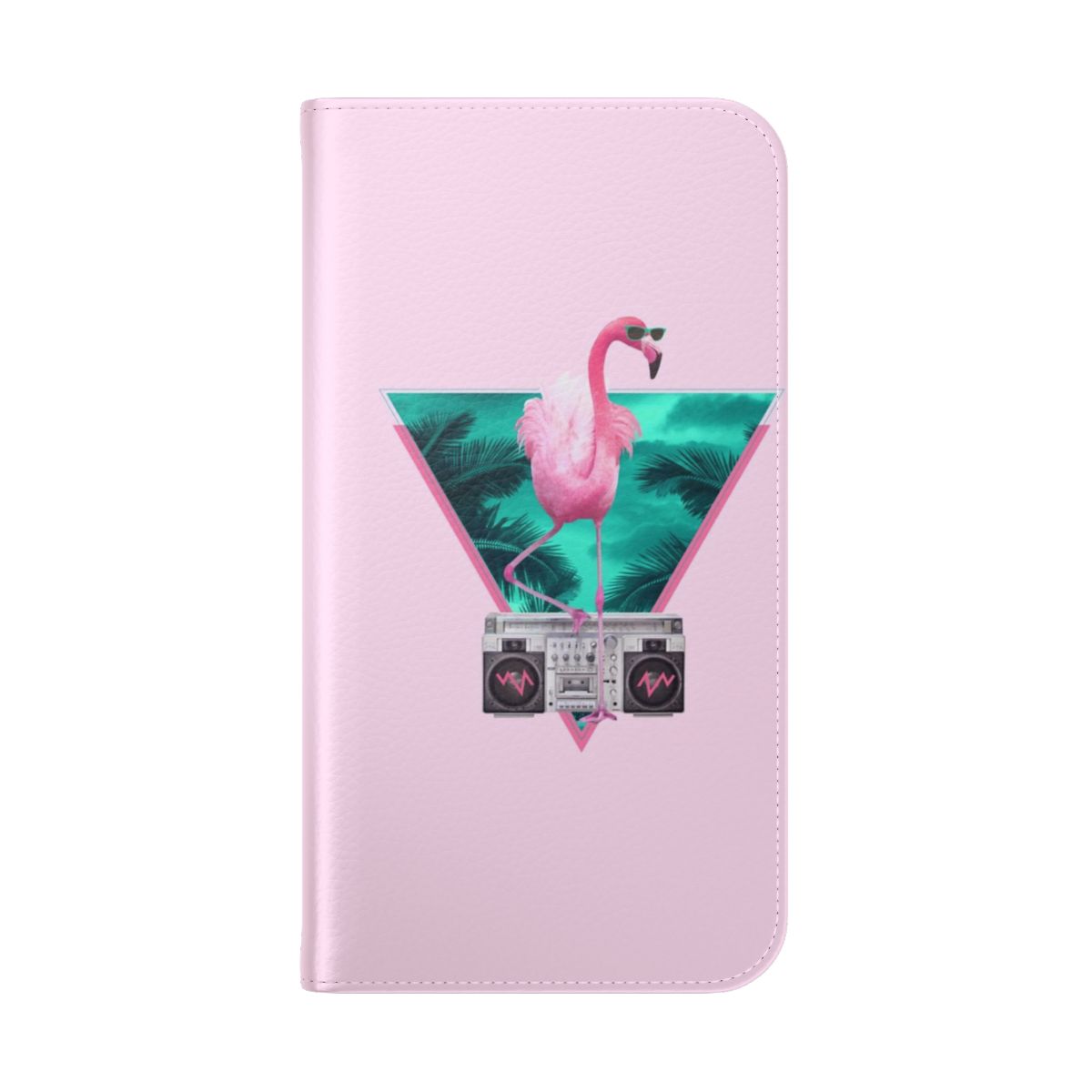 Retro phone case with a pink flamingo design in a 1980s synthwave style - Folded Back