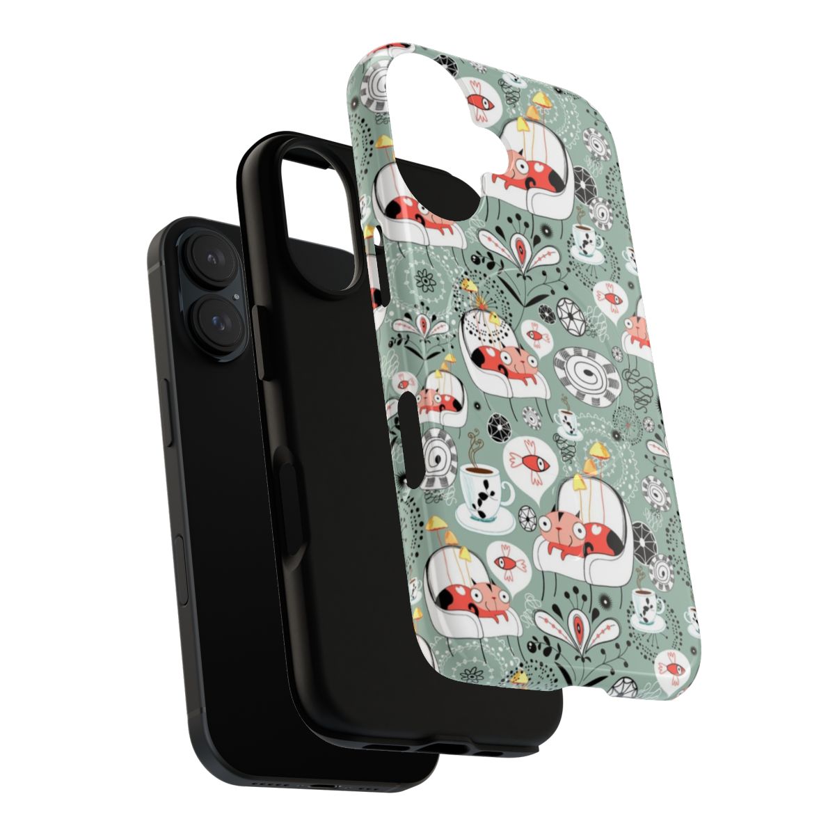 Vibrant pattern featuring cats, mushrooms, and other nature elements on a tough phone case. - Layers