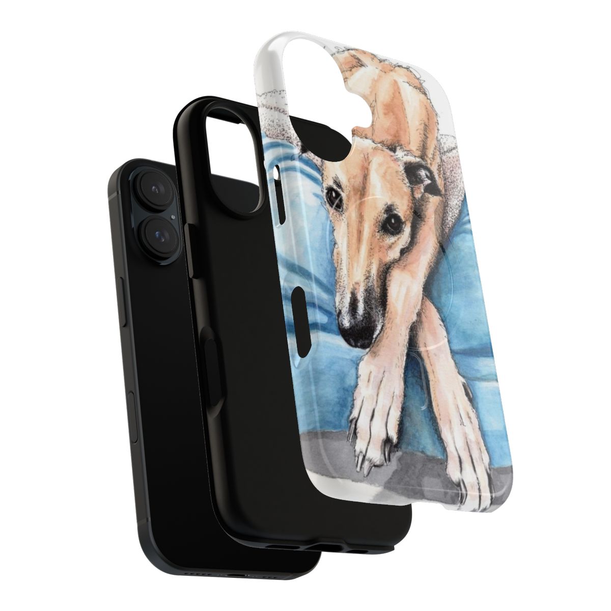 Greyhound dog on a blue bed with paw print design on a phone case - Layers