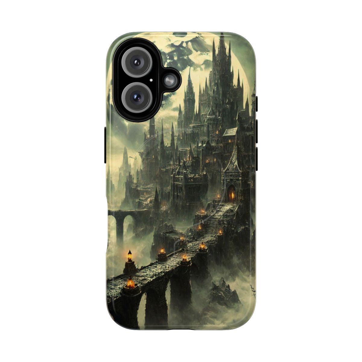 Ominous phone case featuring a haunted medieval castle in a dark fantasy landscape under a cloudy moonlit sky