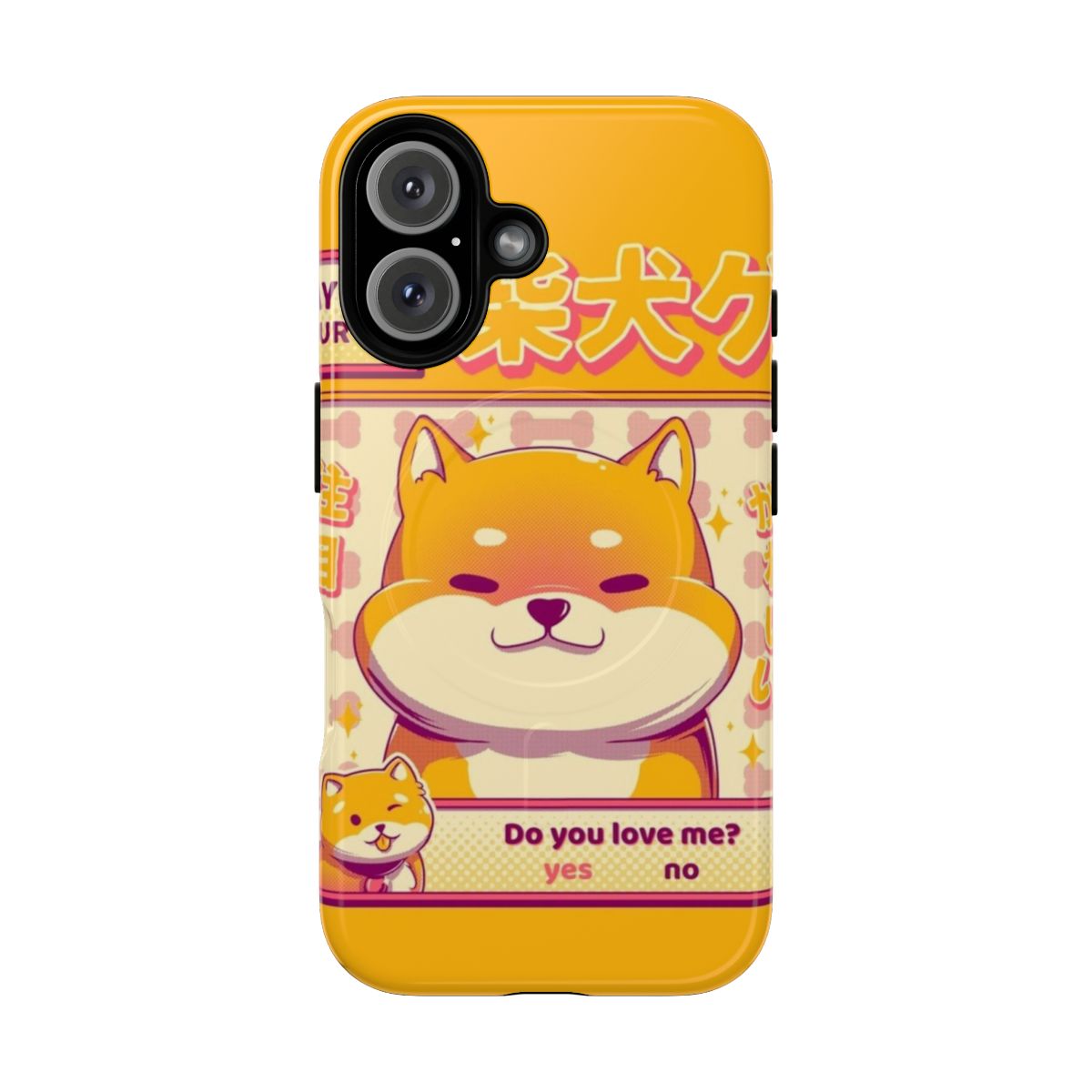 Magnetic tough phone case with a shiba inu design in a retro game style