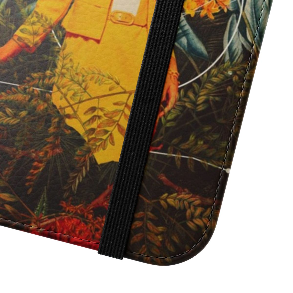 A vintage-style flip cover phone case featuring a surreal digital collage design with botanical elements and a woman in a natural, wilderness-like setting. - Close Up