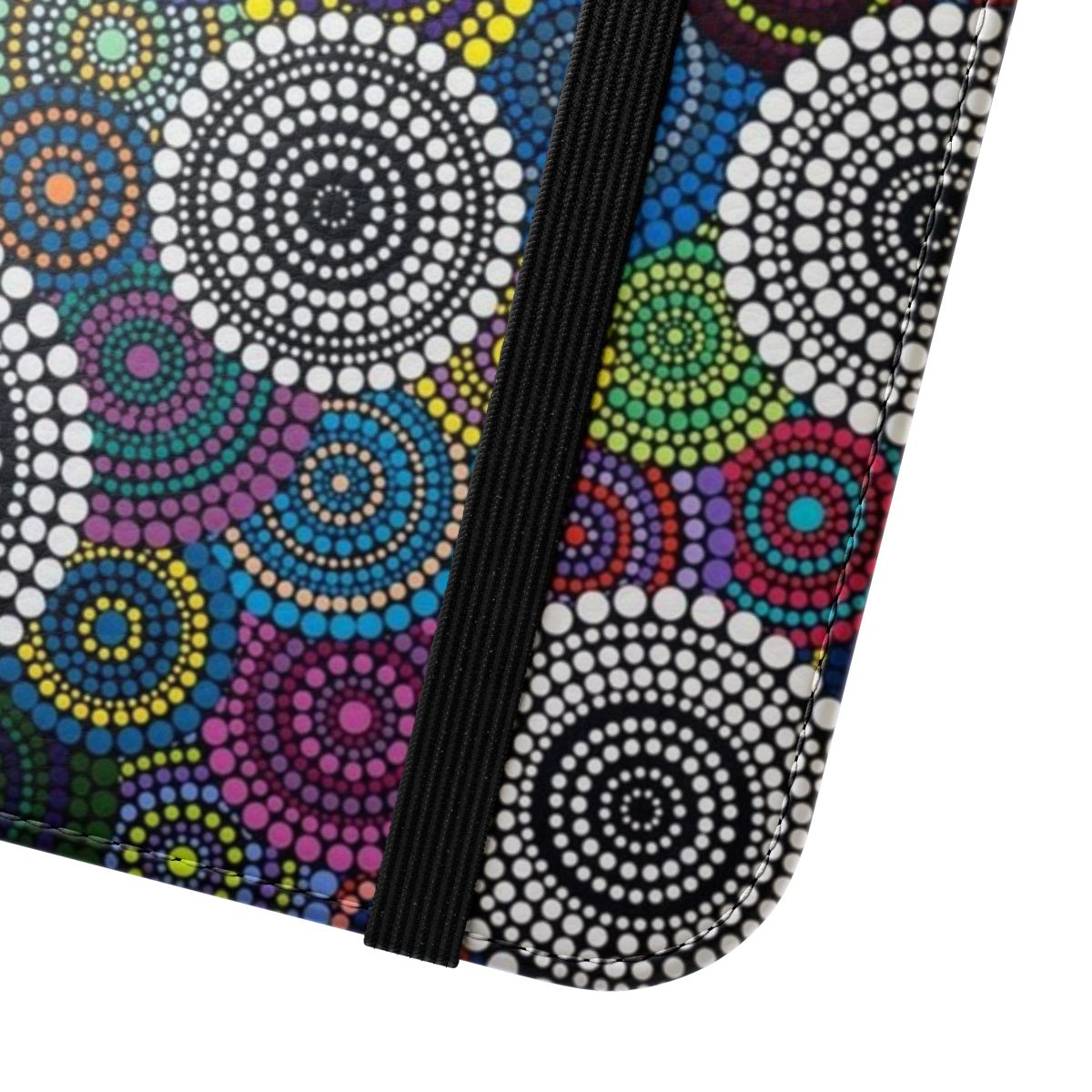 One Mob inspired flip cover phone case with contemporary aboriginal art design - Close Up