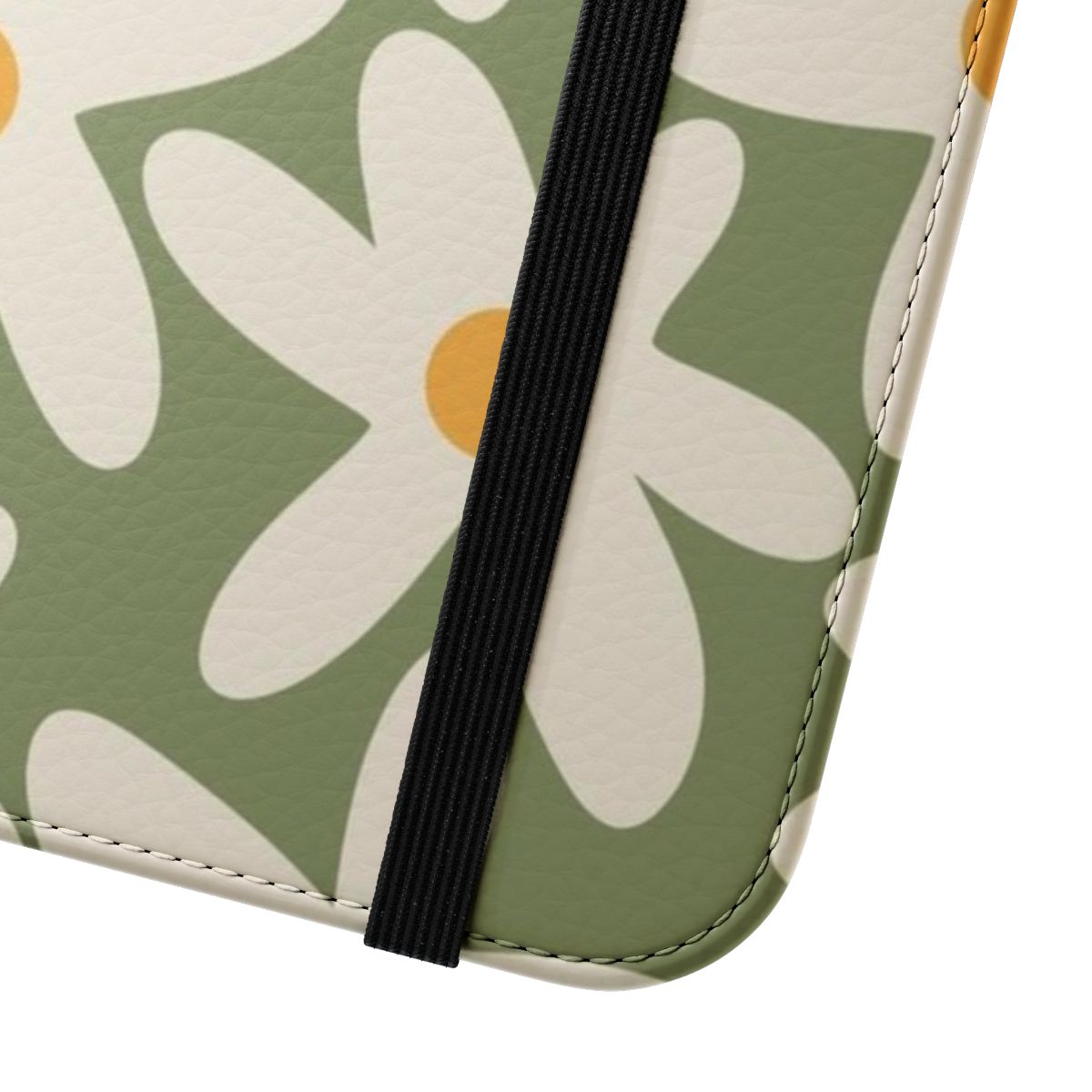 Sage green flip cover phone case with a retro daisy flower pattern - Close Up