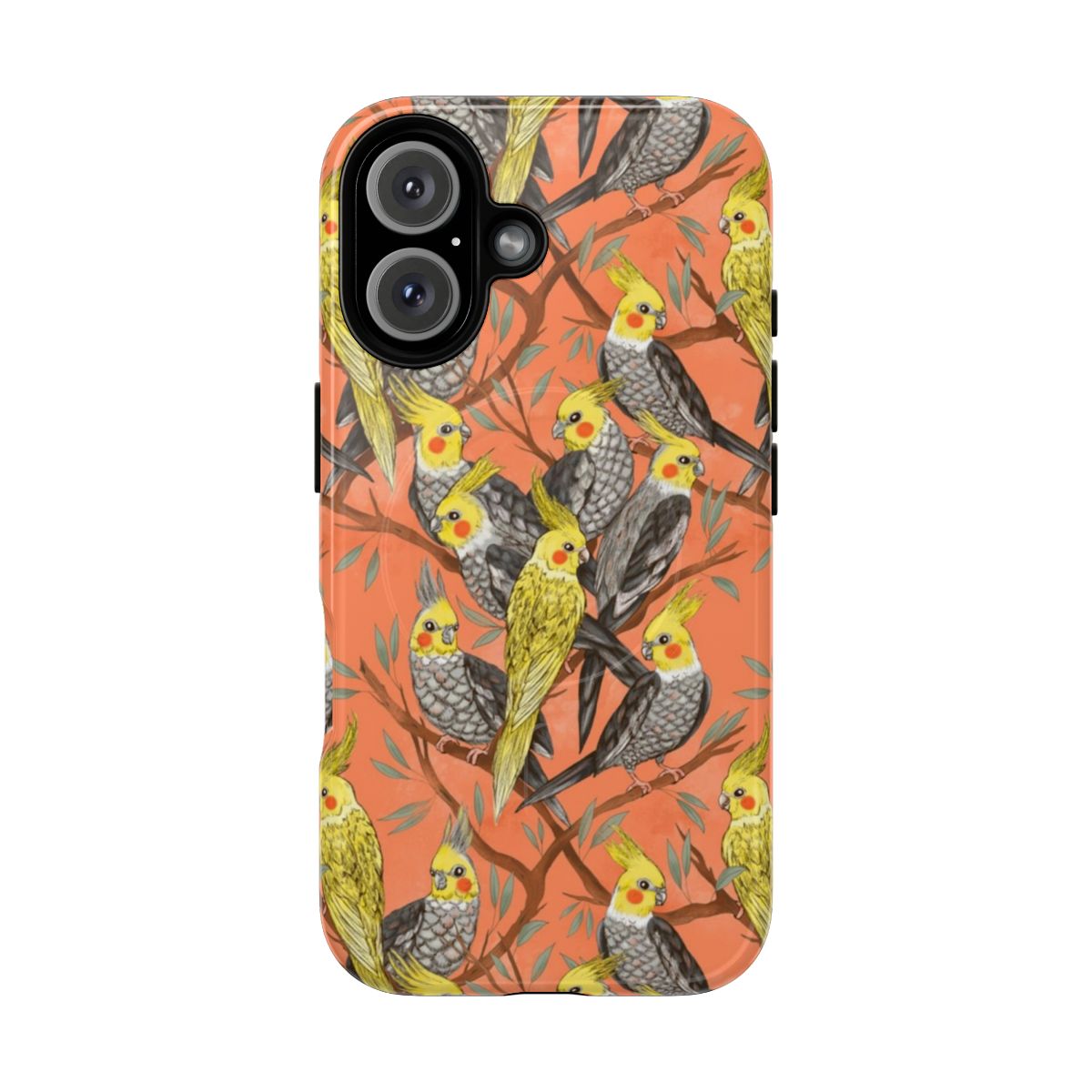 Magnetic tough phone case featuring a colorful cockatiel bird design