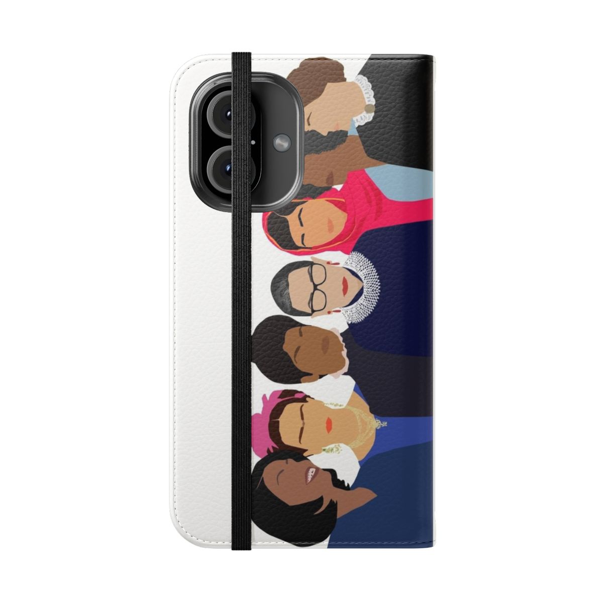 Feminist phone case with images of iconic women like Ruth Bader Ginsburg, Malala, and Frida Kahlo - Folded Front