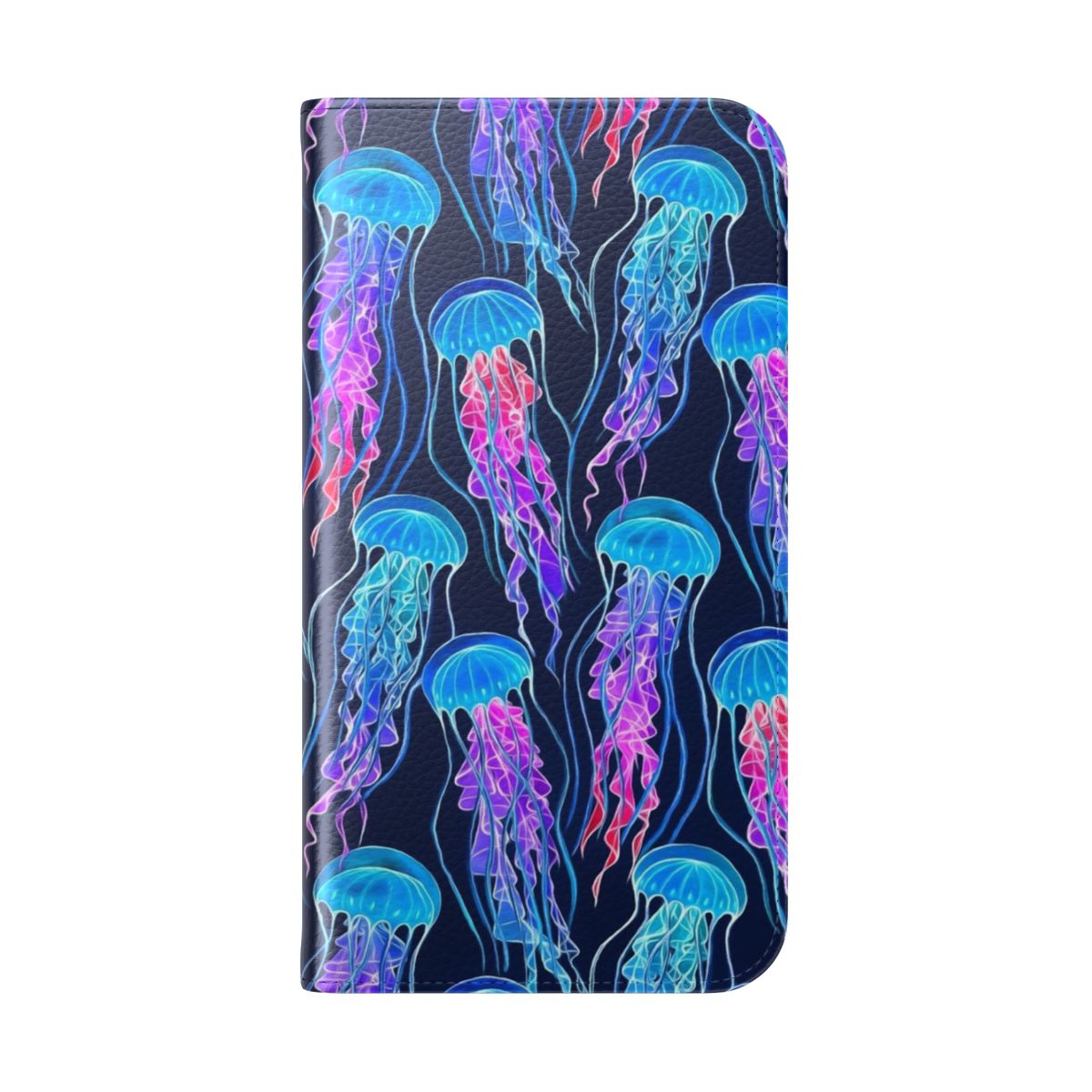 Luminous jellyfish pattern on a navy blue flip phone case - Folded Back