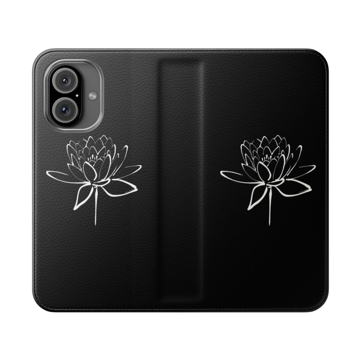 A minimalist and artistic phone case featuring a lotus flower design in calligraphy style.