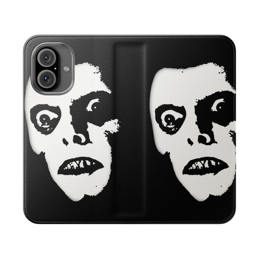 Pazuzu-inspired flip phone case with a creepy, demonic face design