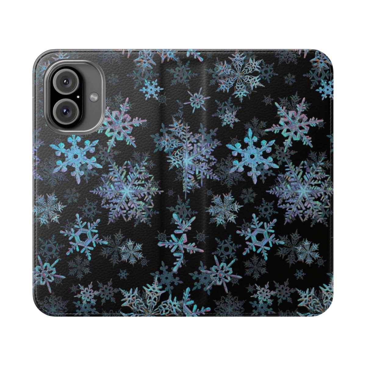 Embroidered snowflake design on a dark phone case for the winter and holiday season.