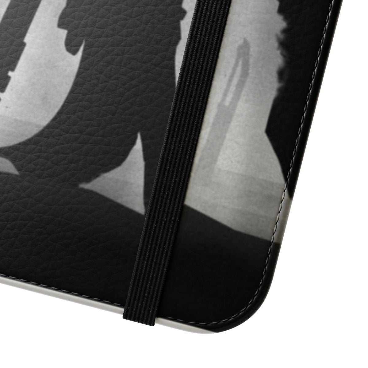 Artistic black and white shadow design of characters from the popular Final Fantasy video game series on a flip cover phone case. - Close Up