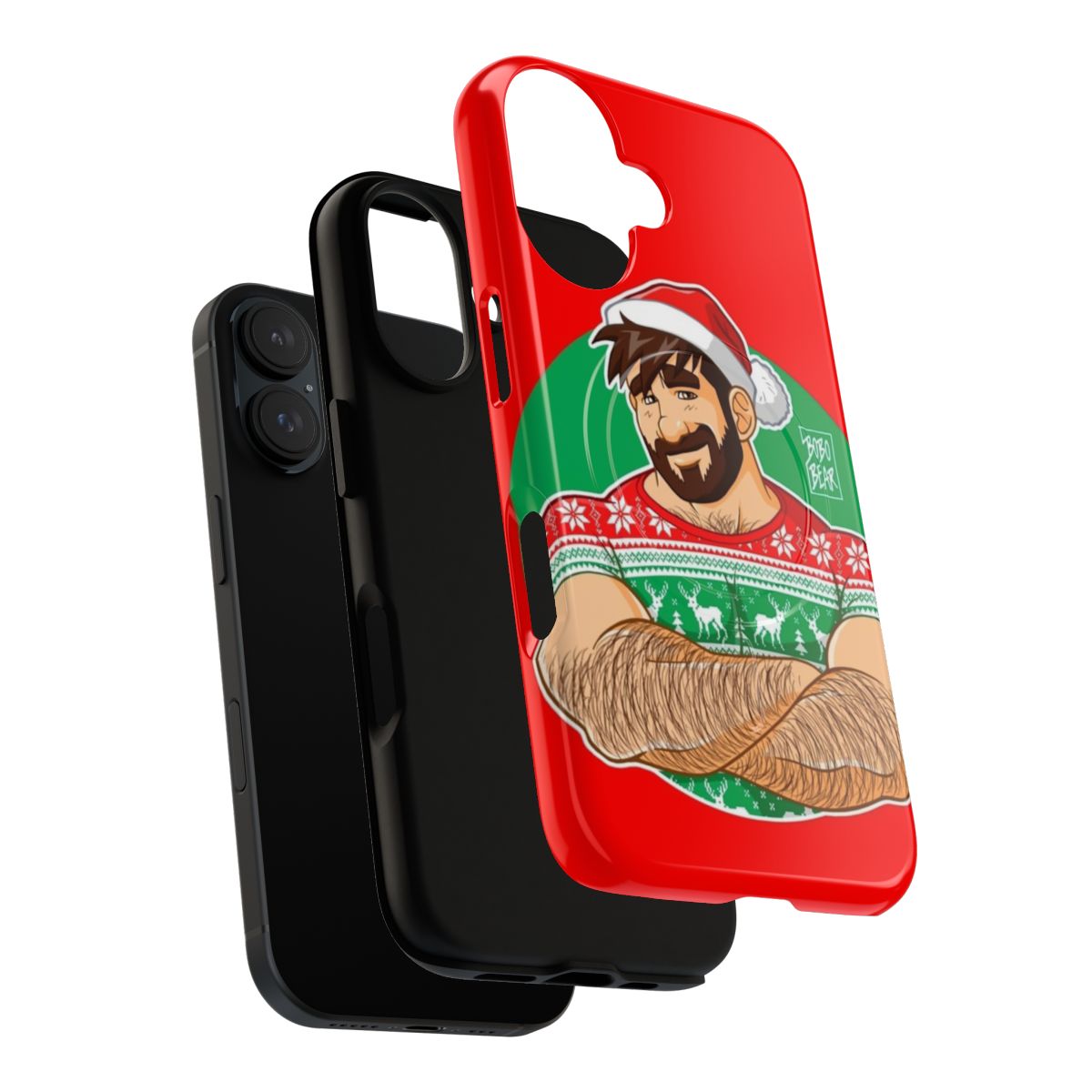 A magnetic tough phone case featuring a design of a bear with crossed arms at a Christmas party. - Layers