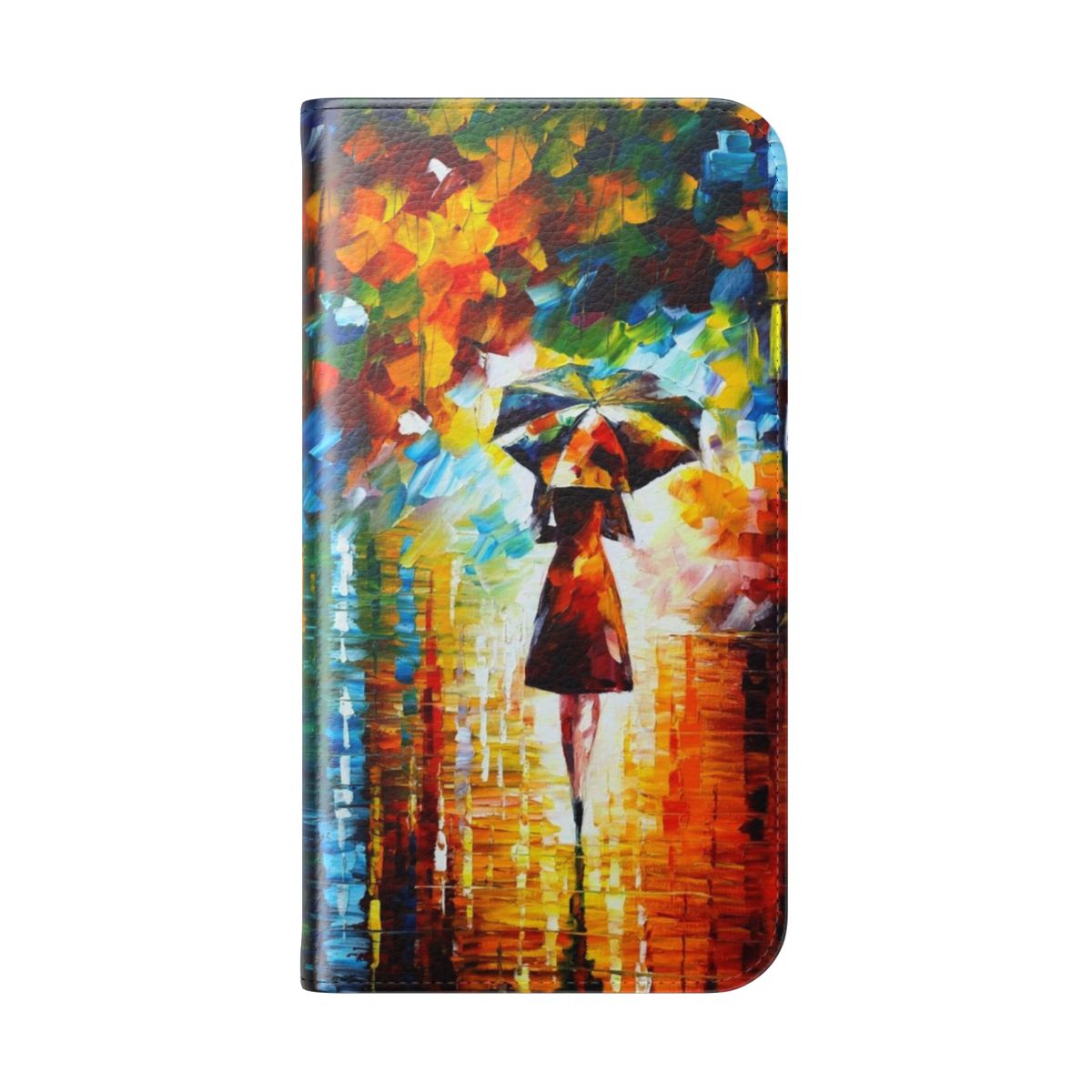 Flip cover phone case with an artistic oil painting design by Leonid Afremov featuring a wild cat in nature. - Folded Back