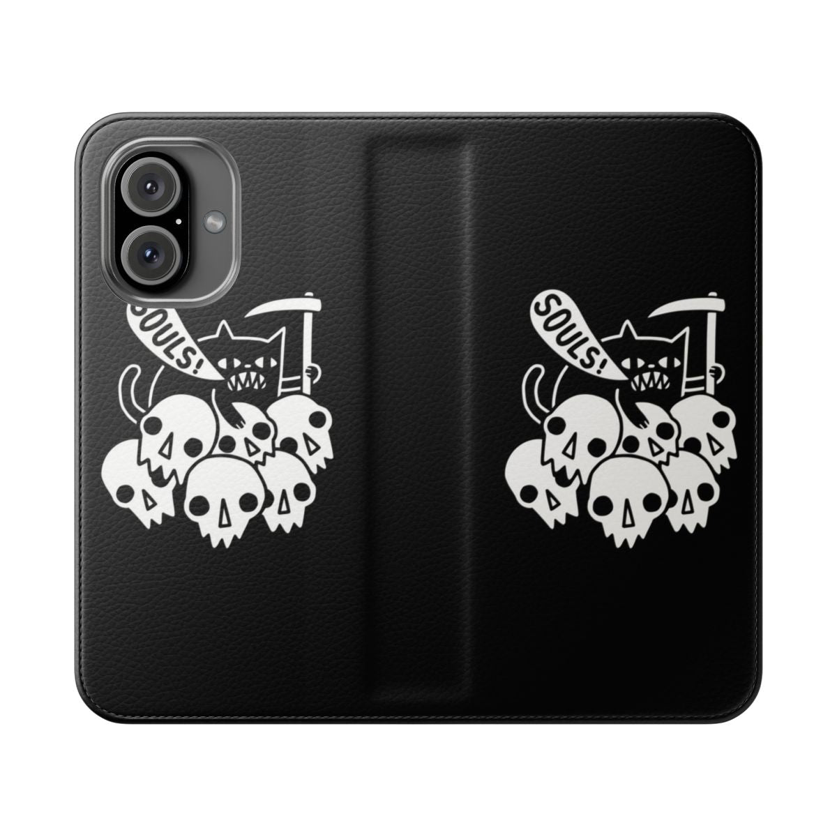 Flip phone case with a gothic design featuring a black cat and skull