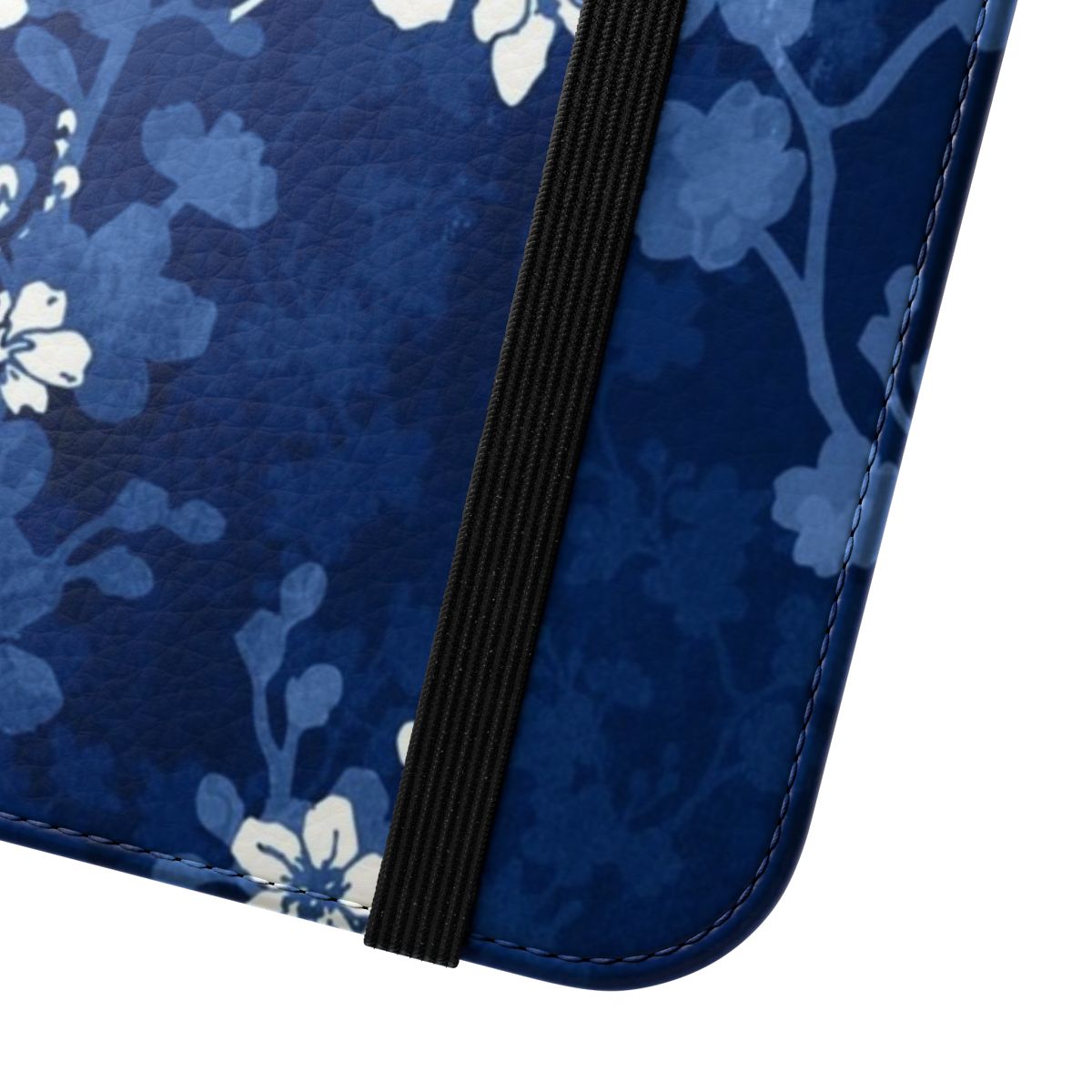 Sakura blossom pattern on a navy blue background with swallowtail butterflies, phone case design - Close Up