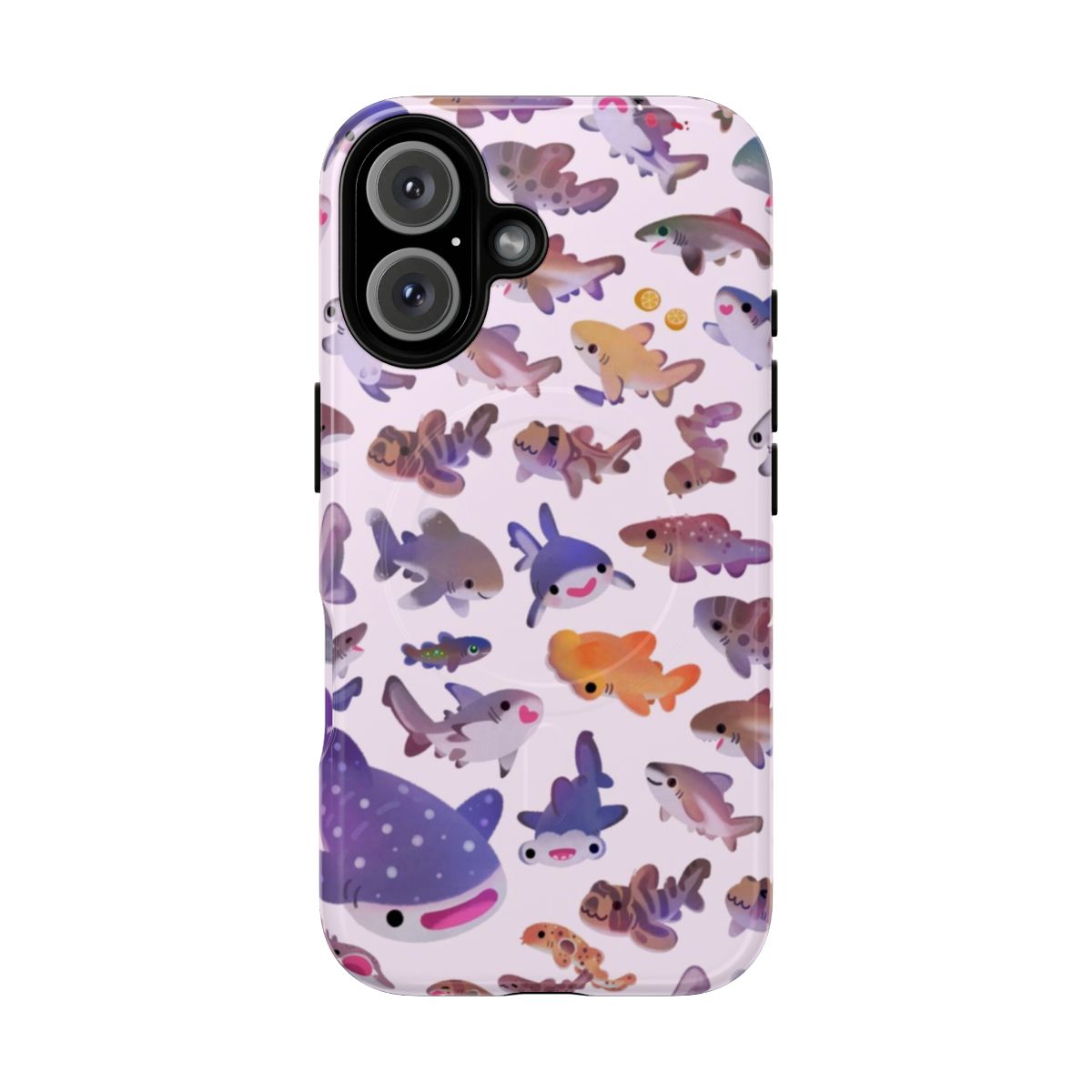 Magnetic phone case with a tough design featuring various shark species