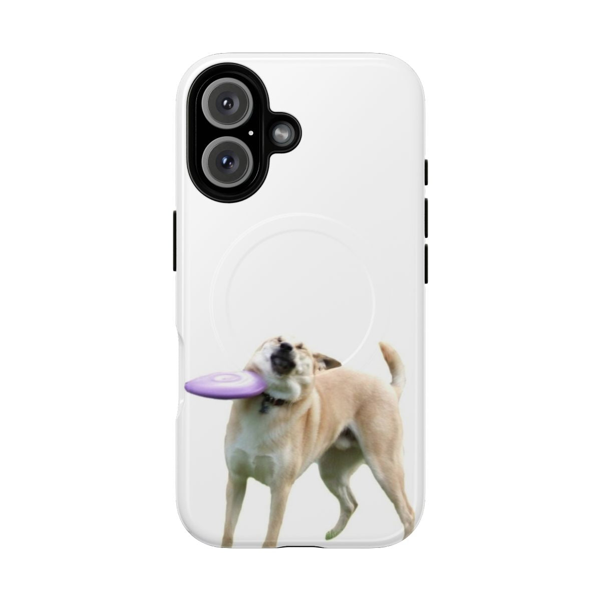 Colorful phone case featuring a playful corgi dog chasing a frisbee