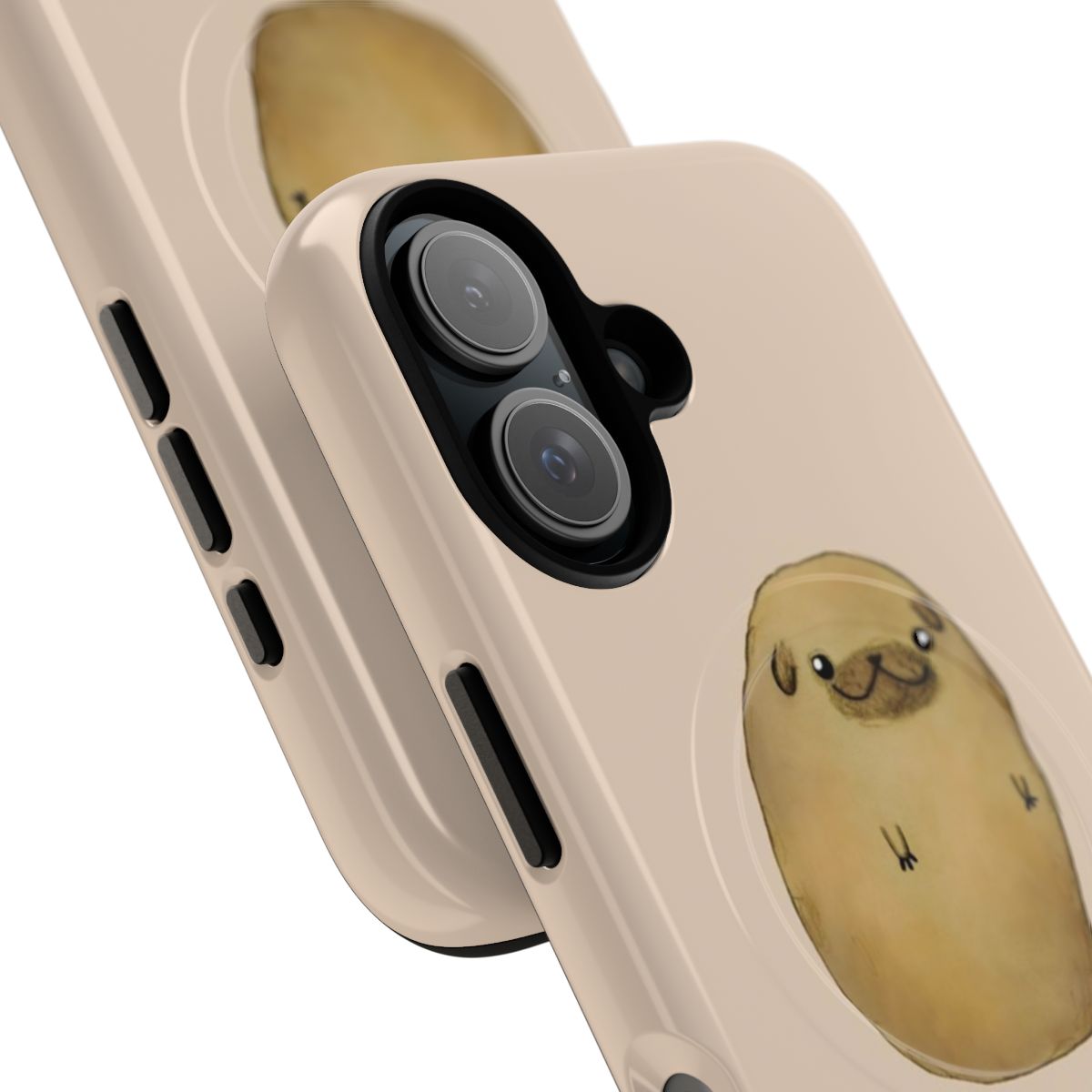 A phone case featuring a cute pug-potato hybrid design - Detail