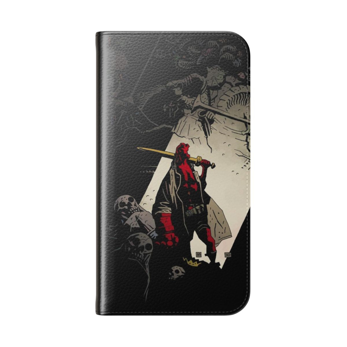 Flip cover phone case featuring Hellboy and Excalibur-inspired artwork on a dark background. - Folded Back