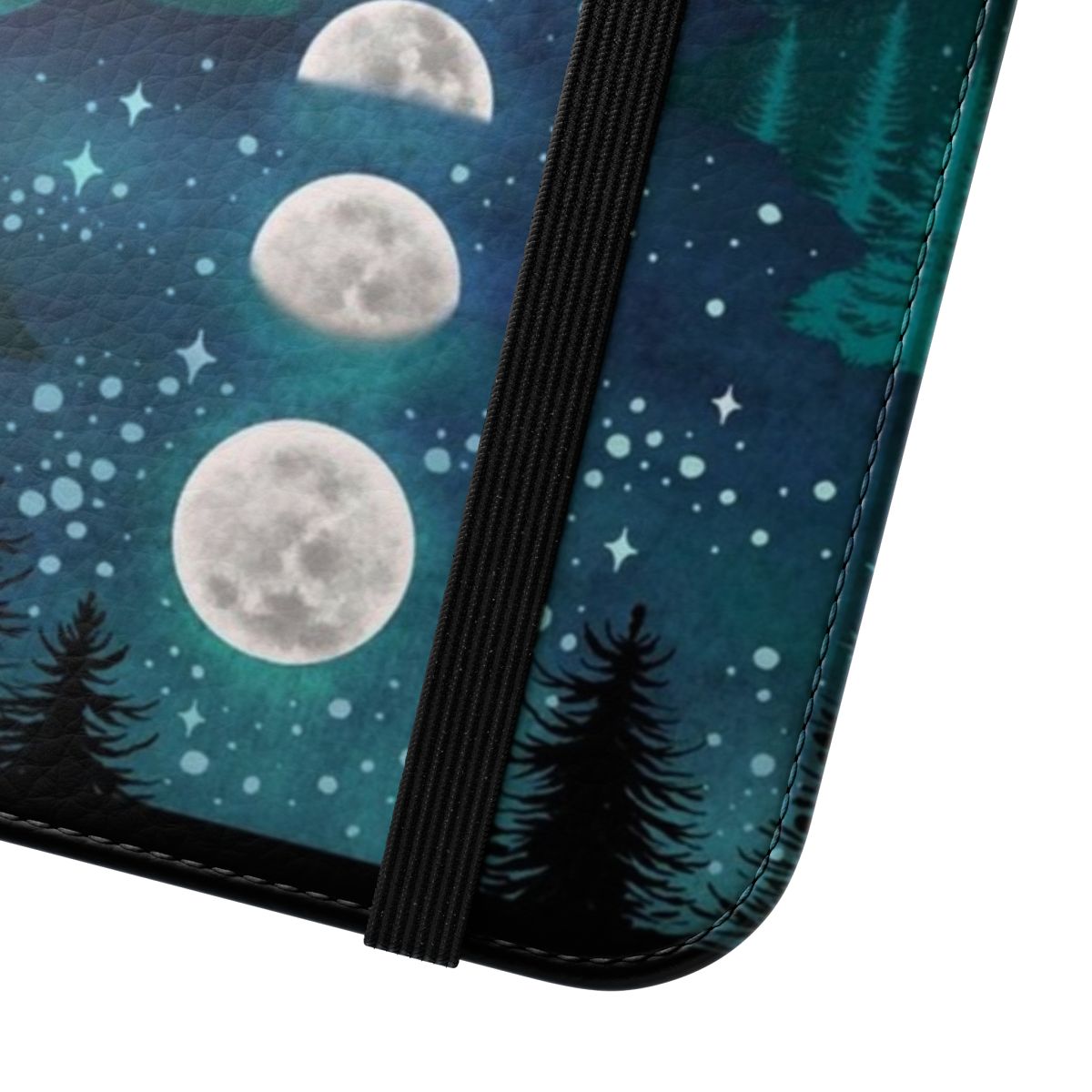 Flip phone case featuring a night sky design with a crescent moon, moths, and butterflies - Close Up