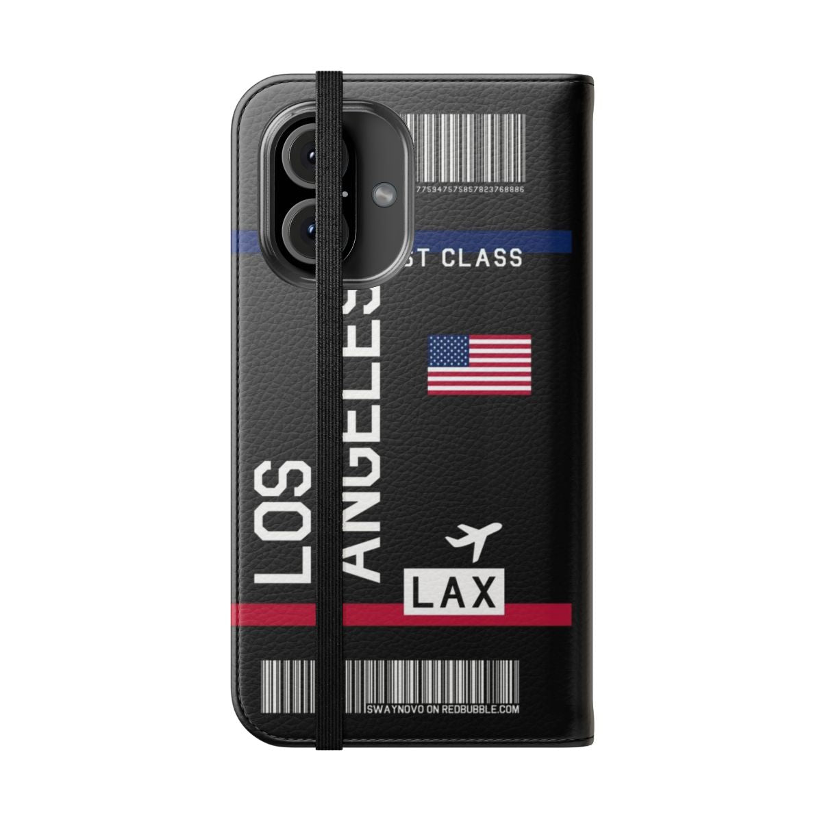 Black flip cover phone case with flight ticket and Los Angeles travel design - Folded Front